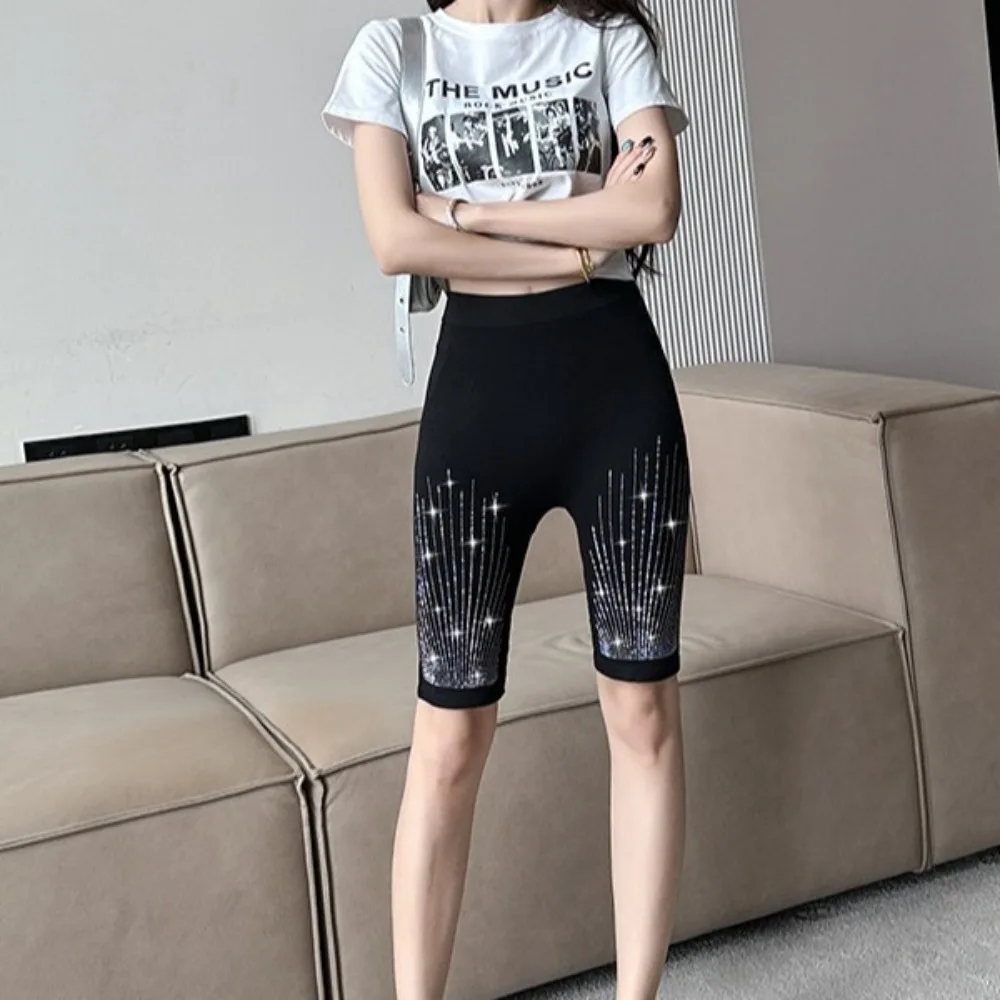 Punk Black Women Rhinestone Leggings Knee Length Tights High Waist Yoga Shorts Thin Seamless Hip Lift Shorts Pants Ladies