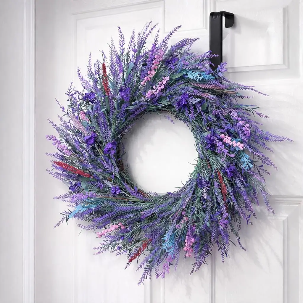 

22'' Lavender Front Door Wreath with Hook Large Purple Spring Summer Floral Wreath Weather Resistant Artificial Farmhouse Porch