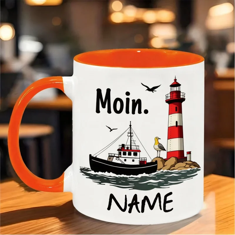 Customizable Lighthouse and Fishing Boat Mug - Red and White Ceramic Coffee, Tea, and Beverage Cup | Perfect Gift for Birthdays,