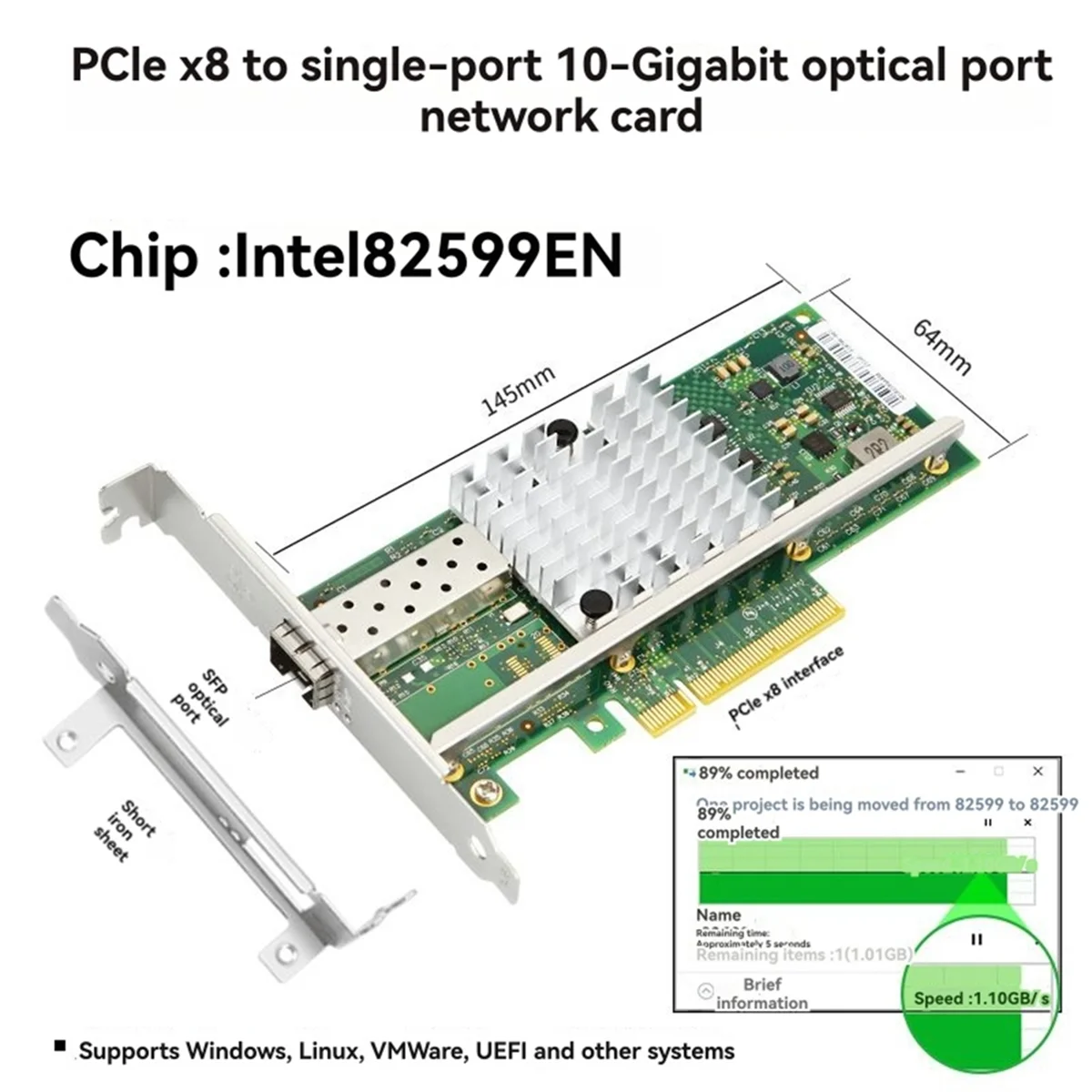 A49T PCIe X8 10G SFP+ Ethernet Network Card Adapter 82599EN Single Port Fiber Adapter Optic Module for Linux Servers