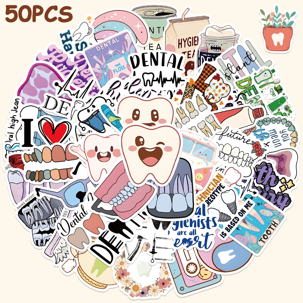 50pcs Cartoon Cute Dental Tooth Stickers Kids Toy Decals For Children Education Laptop Luggage Skateboard Refrigerator Sticker