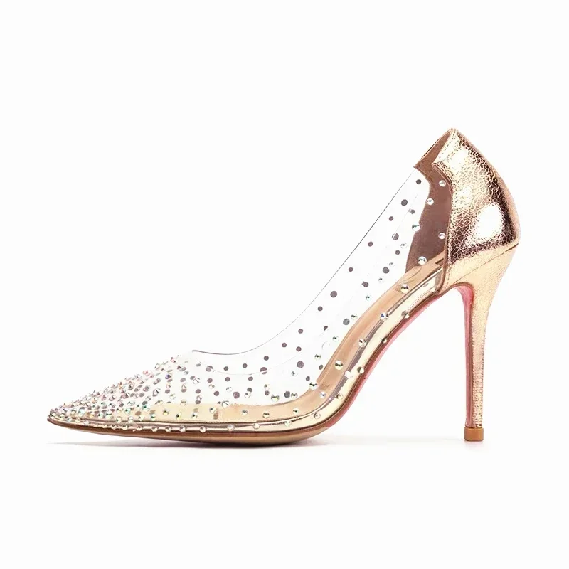 2025 Summer New Fairy Style Transparent High Heels Thin Heels Pointed Water Diamond Single Shoes Women\'s Crystal Wedding Shoes