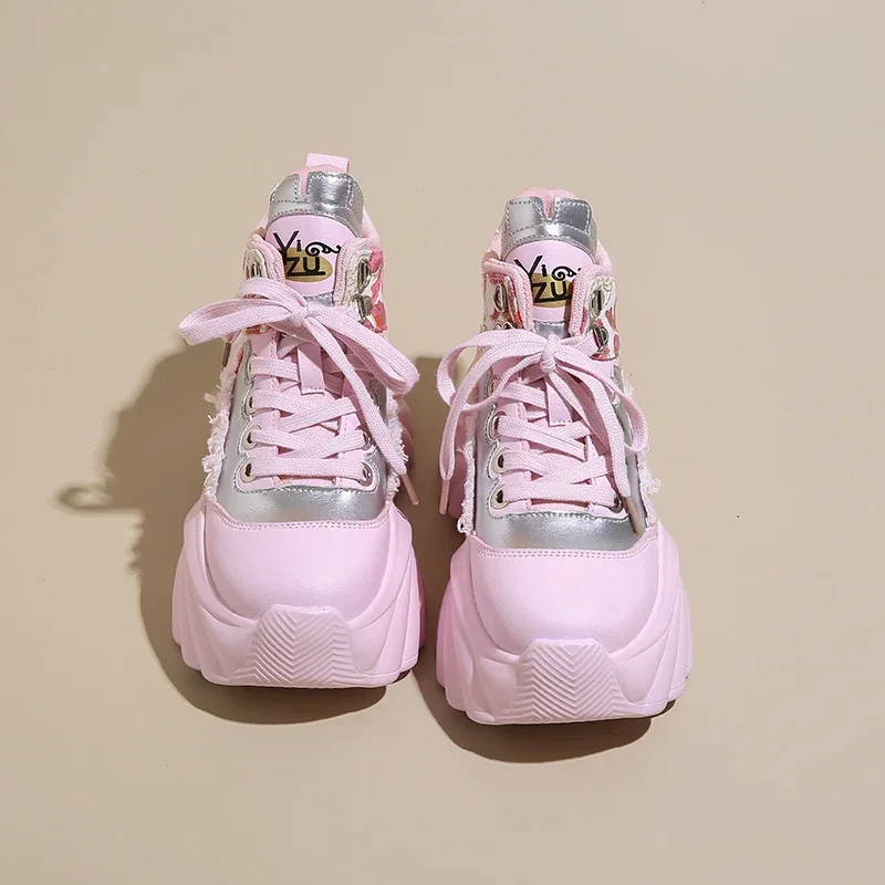 New Women Casual Platform Sneakers 8.5CM High Heels Autumn Sports Leather Shoes Breathable Trainers Chunky Zapatos Mujer