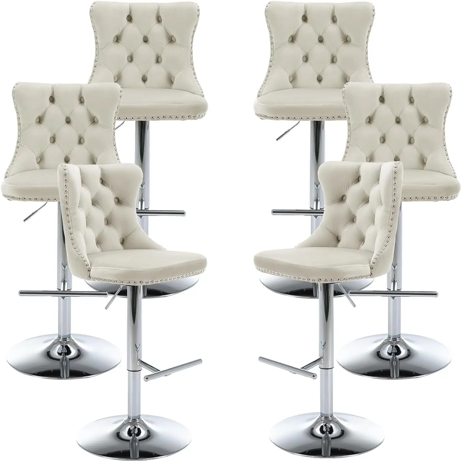 

Cream Velvet Bar Stools Set of 6 - Adjustable Swivel Ivory Counter Height Chairs with Tufted Back and Nailhead Trim, Customized