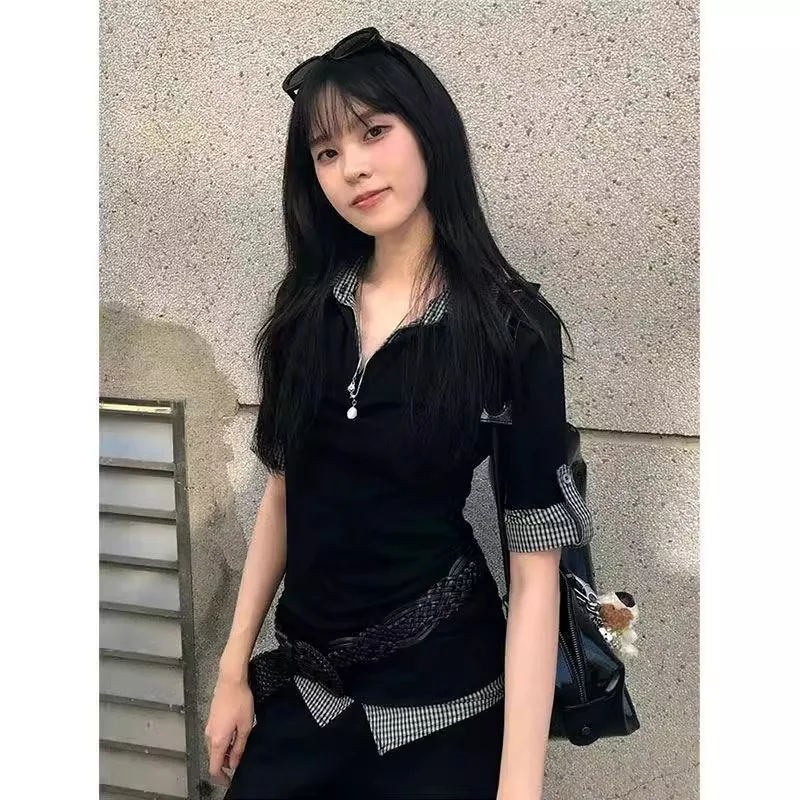 Retro American Plaid Short Sleeve T-Shirt Women Summer Spicy Girl Slim Fit Half Open Collar Top Fake Two-Piece Ensemble