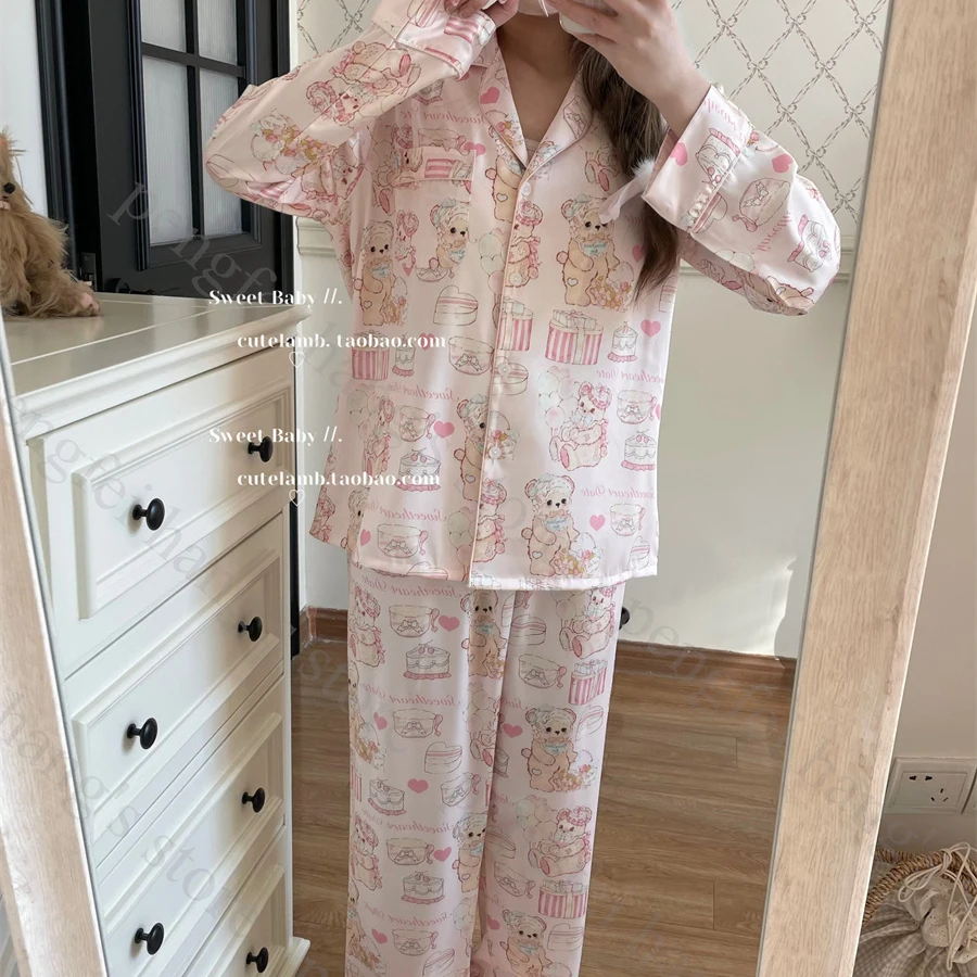 Print Cartoon Two Piece Pajamas Set Summer Rayon Home Clothes Sweet Princess Top&pants Long Sleeve Trousers Suit 2Pcs Pijamas