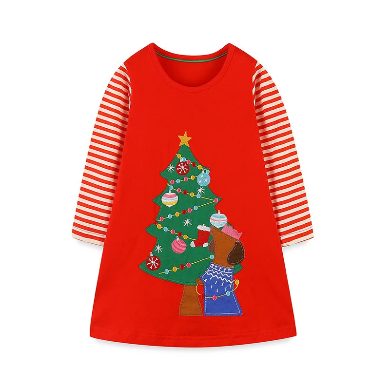 Jumping Meters 2-7T New Year Children\'s Girls Dresses Trees Long Sleeve Cartoon Baby Clothes Princess Girls Frock Costume