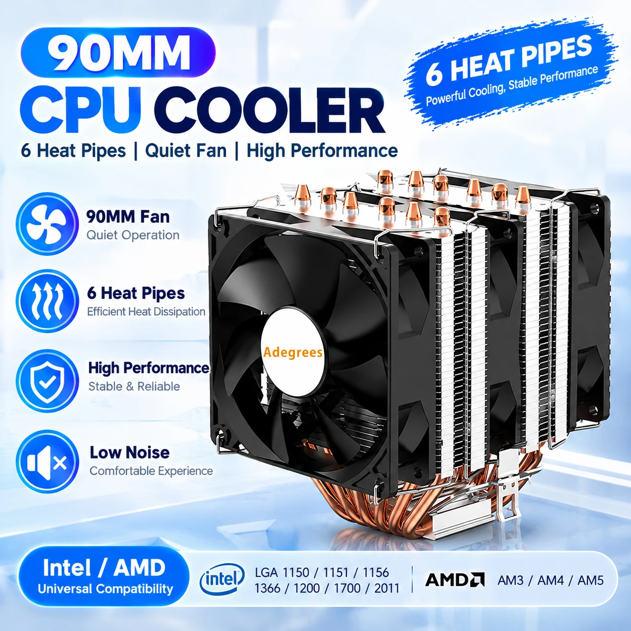 Refroidisseur d'air CPU à 6 caloducs, ventilateur de refroidissement silencieux PWM 4 broches pour Intel LGA 1700 1200 115X 2011 1366 X79 X99 AMD AM4 AM5