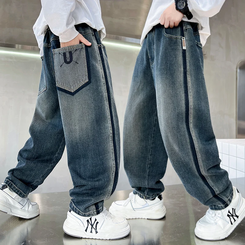 2025 Spring Autumn Teenager Boys Loose Straight Wide Leg Jeans Kids Baggy Denim Pants High Quality Tweens Child Jeans Trousers