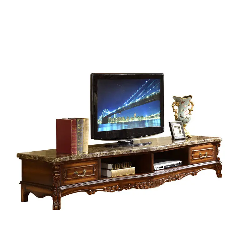 

European Solid Wood TV Cabinet Marble Surface with Drawers American Living Room Antique Carving