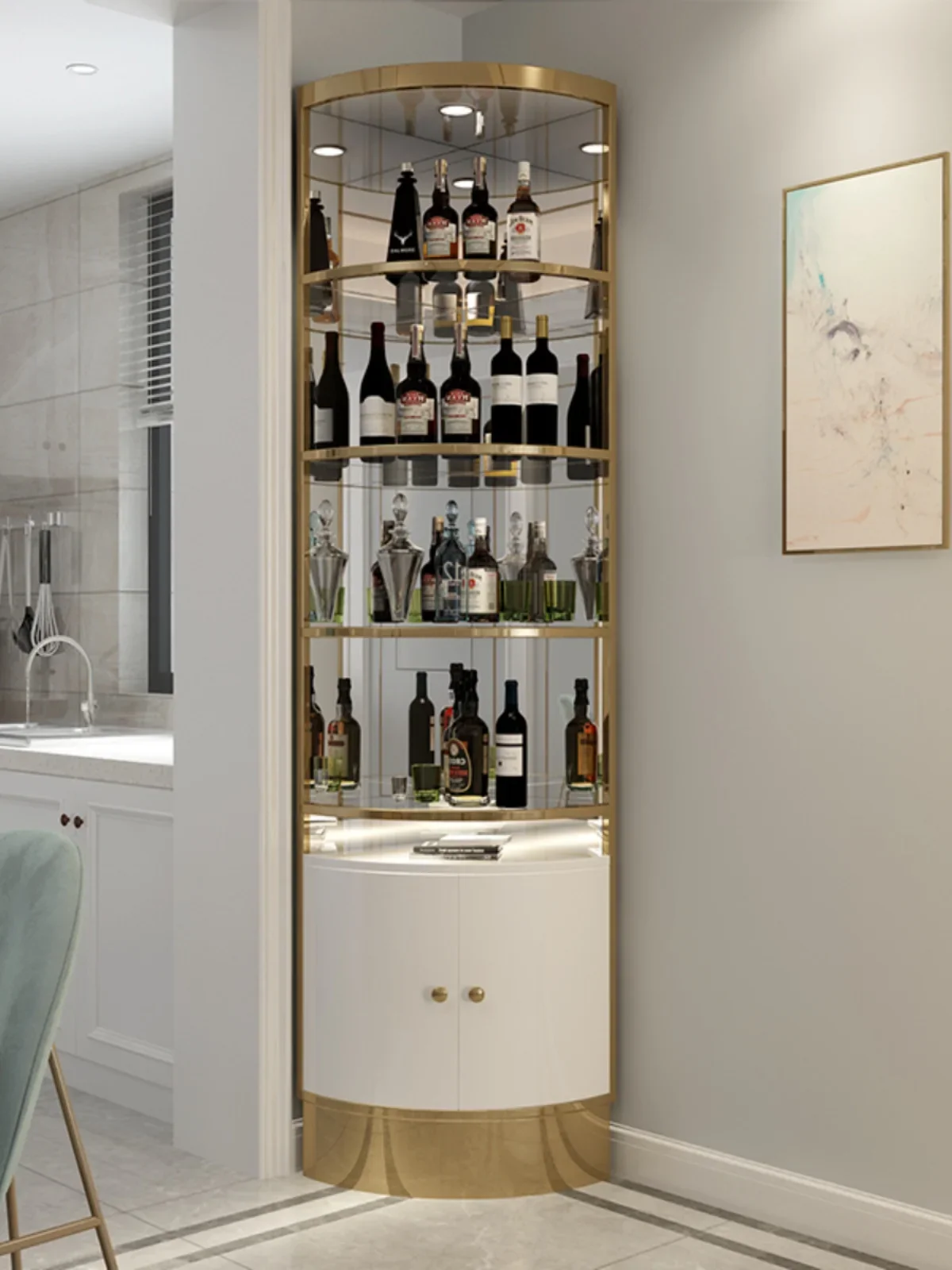

Light luxury stainless steel triangle cabinet, glass wine cabinet, post-modern corner wine cabinet, living room fan cabinet,