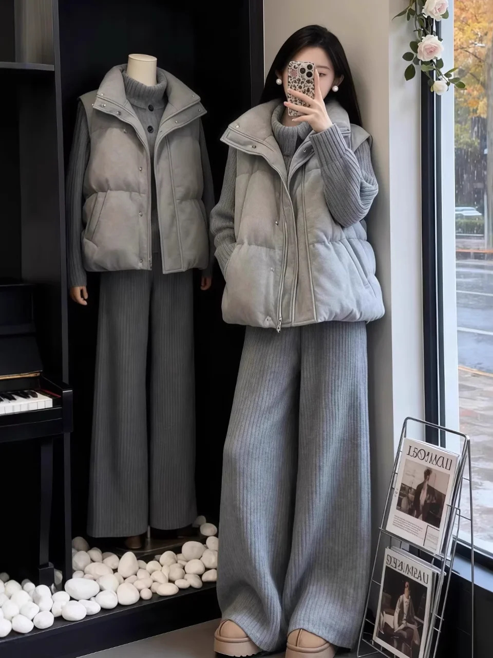 

Faionable Knitted Cardigan Set Women's Casual Sle Cotton Vest Long Pants High Collar Two-Piece Suit Autumn Season Wear