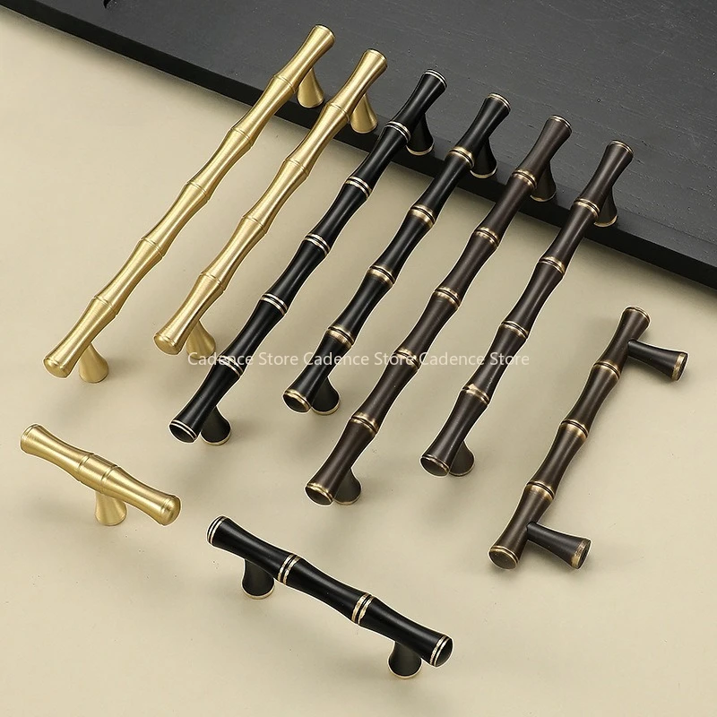 

1pc T-Bar Pull w/screws Solid Brass Handle Bamboo Cabinet Door Knob Gold Black 70/100/130/165/195mm Length Drawer Dresser Decor