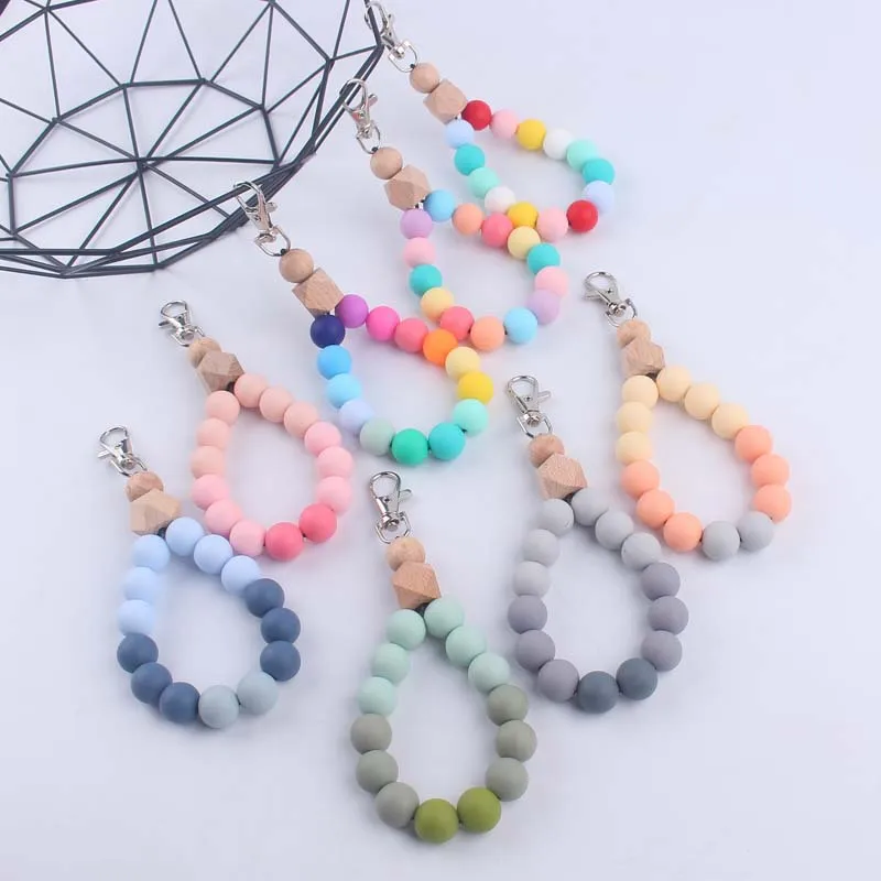 Food Grade Silicone Round Beads Keychain Creative Wooden Wristlet Bracelet Keyring For Women Car Bag Key Chain Jewelry Wholesale