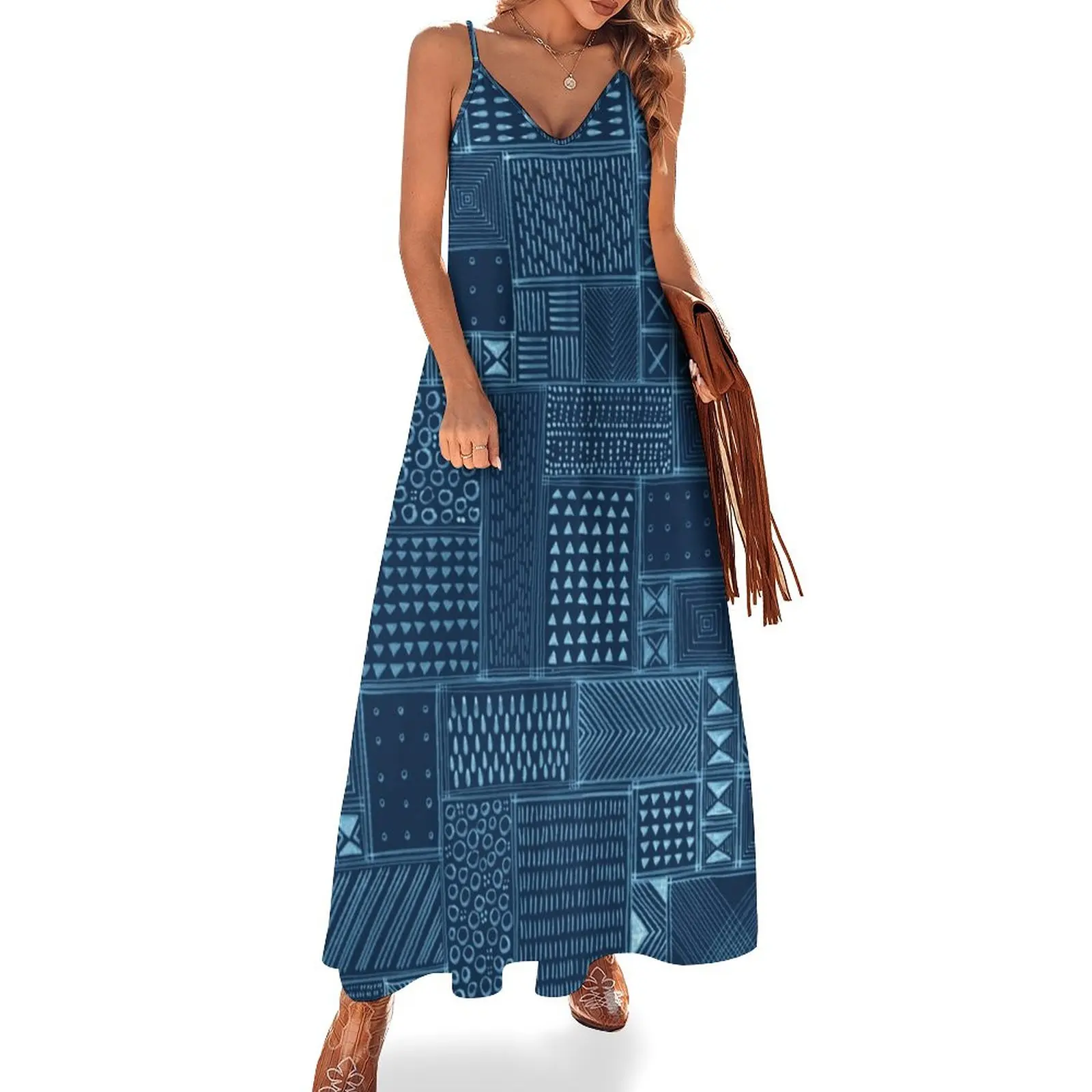 

African Indigo Tribal Mud Cloth Sleeveless Dress Elegant gowns Summer skirt beach dresses