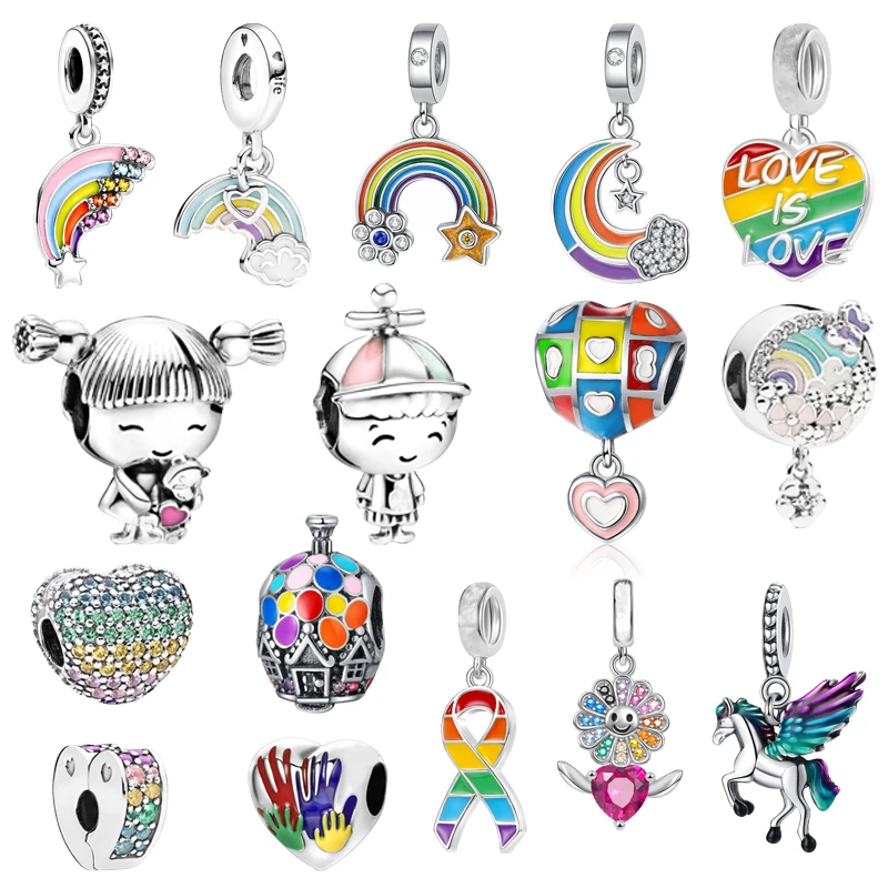 Hot Sale Rainbow Heart Engravable Pendant Little Girl&Boy Charm Beads Fit Original 925 Silver Pandora Bracelet DIY Jewelry Gifts