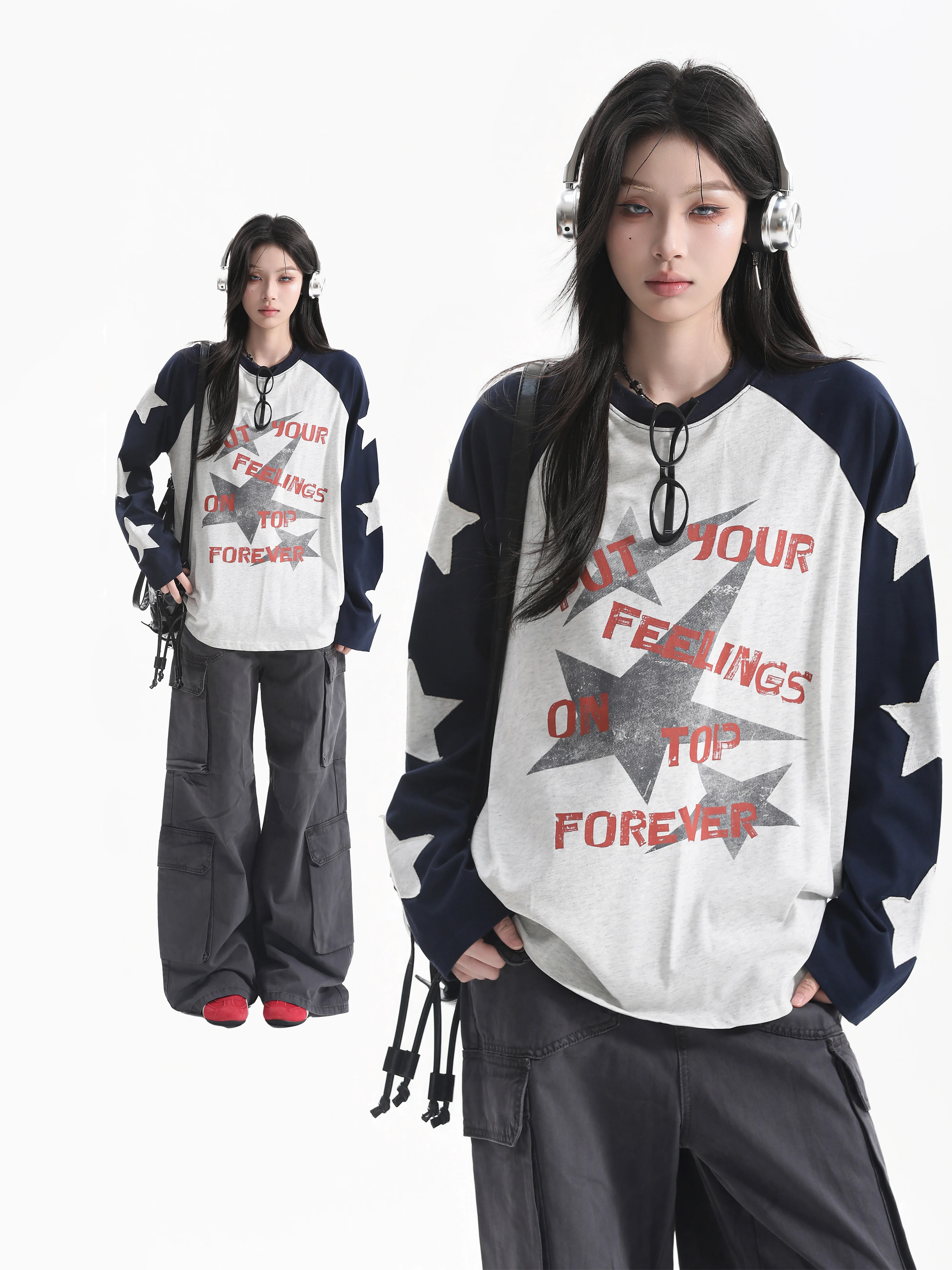 American Retro Star Graffiti Print Long Sleeve Women's Base Shirt Casual Loose Fit Cotton T-shirt Comfortable Breathable