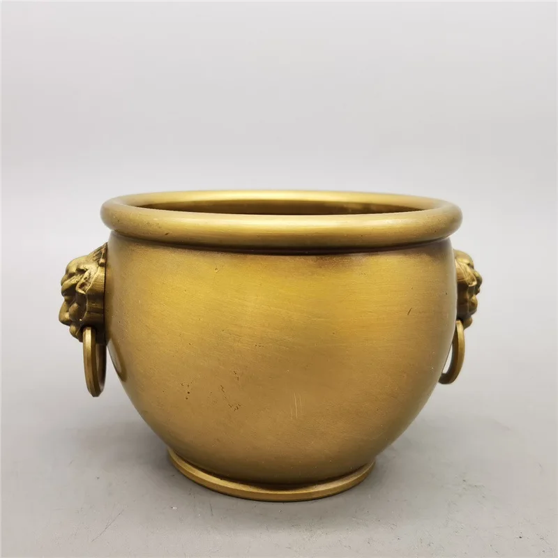 Double Lion Brass Cornucopia Home Indoor Office Decoration Lion Head Copper Pot Incense Burner Brass Double Lion Ear Pot