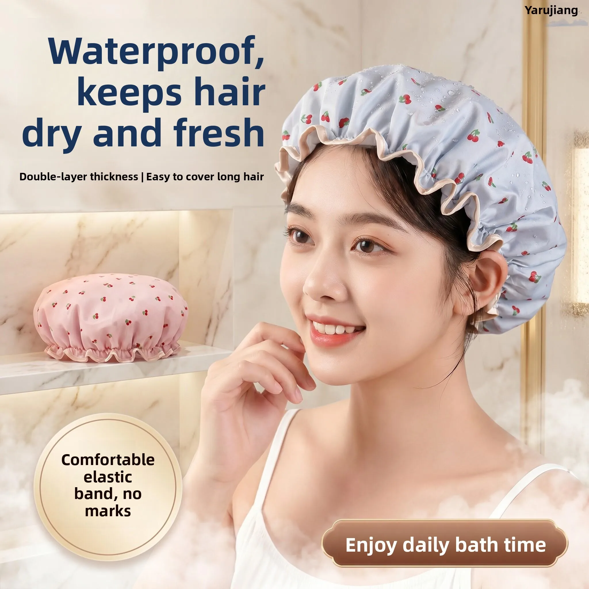 

Thickened Shower Cap Women's Waterproof Bath Hat Double Layer for Shampooing Home Use Large Size Shower Cap Oil Proof