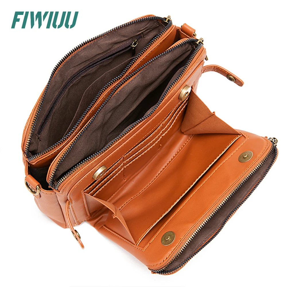 Fiwiuu Vrouwen Pu Schoudertas Drie Lagen Lederen Zakje Crossbody Tas Rits Sling Tas Vintage Messenger Bag