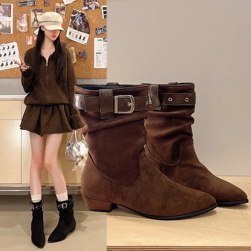 Women Pointed Toe Western Boots 2027 Autumn Winter New Buckle Strap Low Heel Fashion Boots