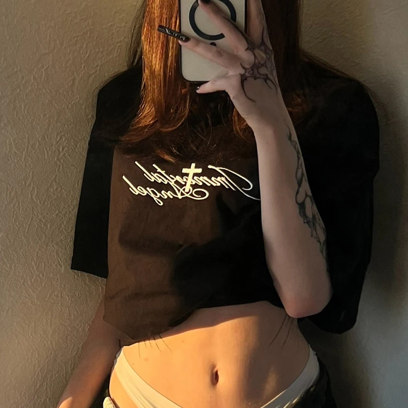 Camiseta coreana Y2K de algodón con estampado de letras Harajuku, camiseta de gran tamaño, ropa de calle de calle alta, ropa gótica Vintage de manga corta para mujer