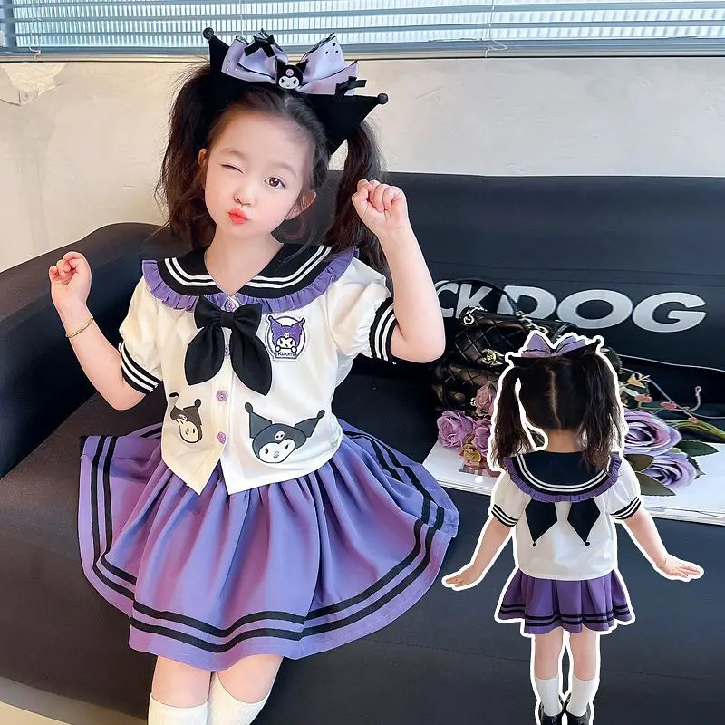 Kawaii Sanrios Kuromi Meisjes Mode Jk Outfits Kids Preppy Shirt Geplooide Rok Outfit Lolita Rok Zomer Kinderkleding Meisje Cadeau