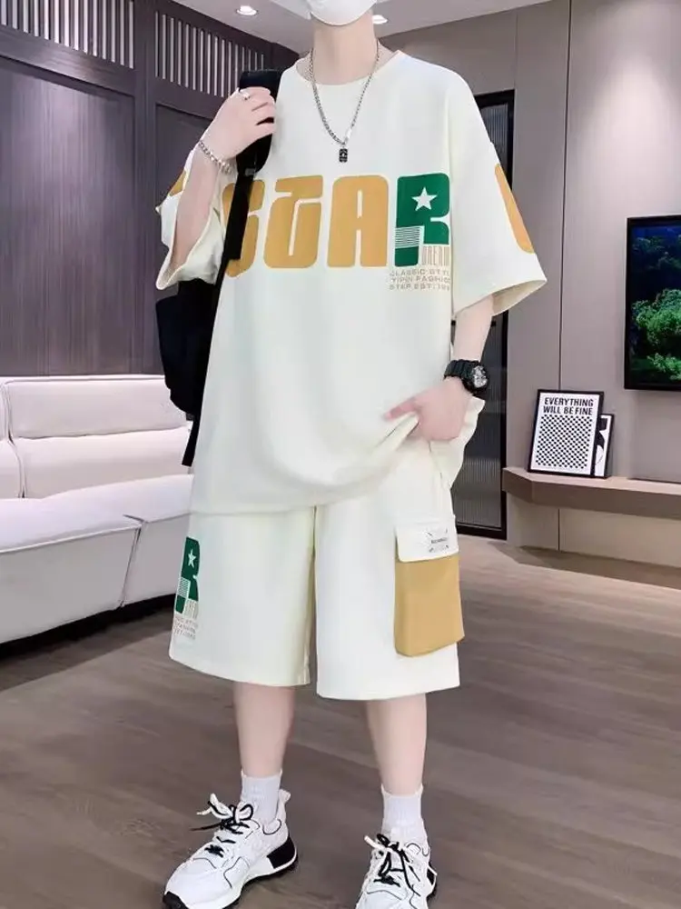 

plus Size Men's ort Sve T-irt Sportswear Set Loose Fit Summer Two-Piece Set for Fat Men Casual Comfortable Polyester F...