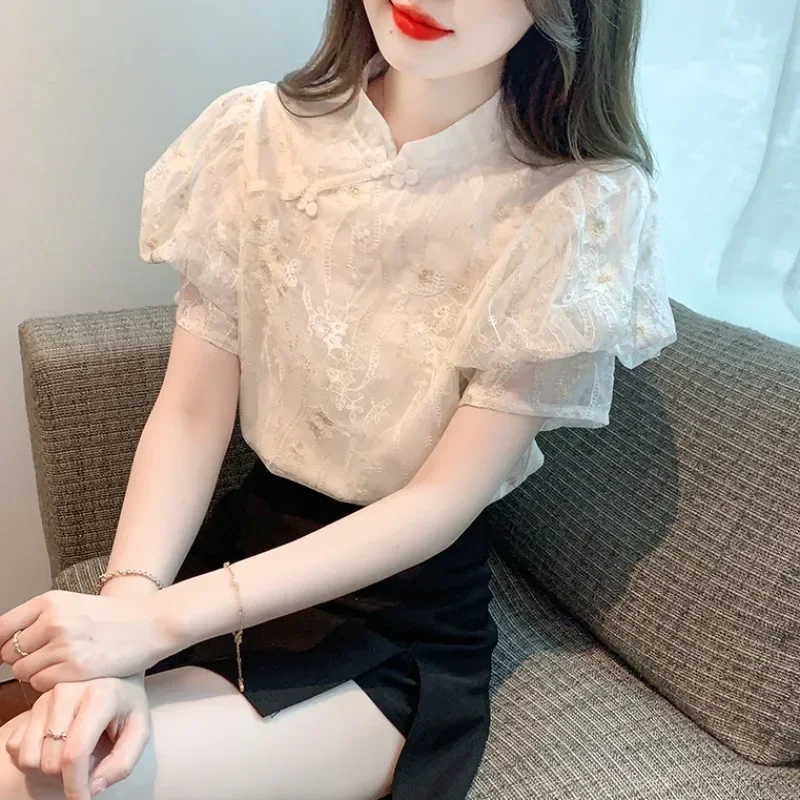 2023 Summer Vintage Women Chinese Style Sequined Embroidery Top Shirt , Woman Clothes Cheongsam Short Sleeve Top Shirts