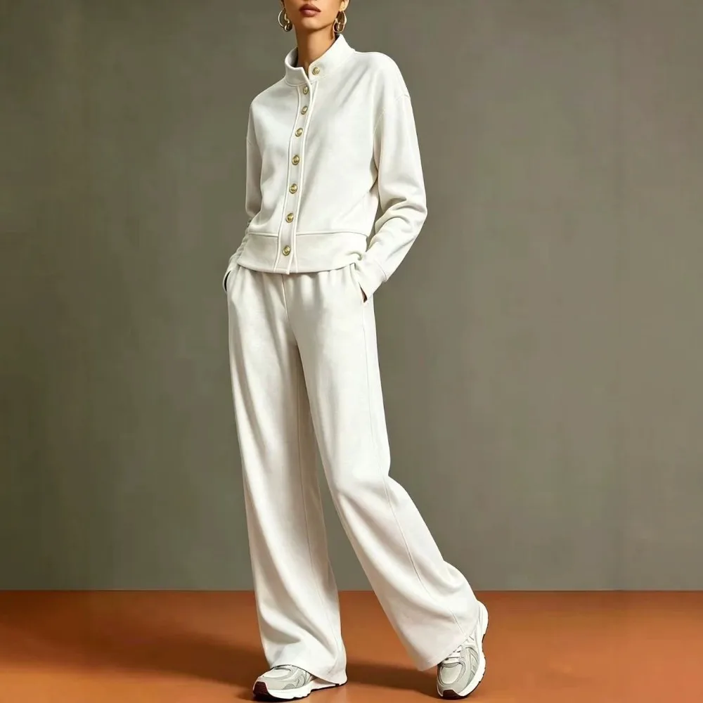 Women's 2-piece Sets Solid Button Bomber Jacket Sweatshirt High-waisted Straight Trousers Set Autumn Winter Loose Pants Suit
