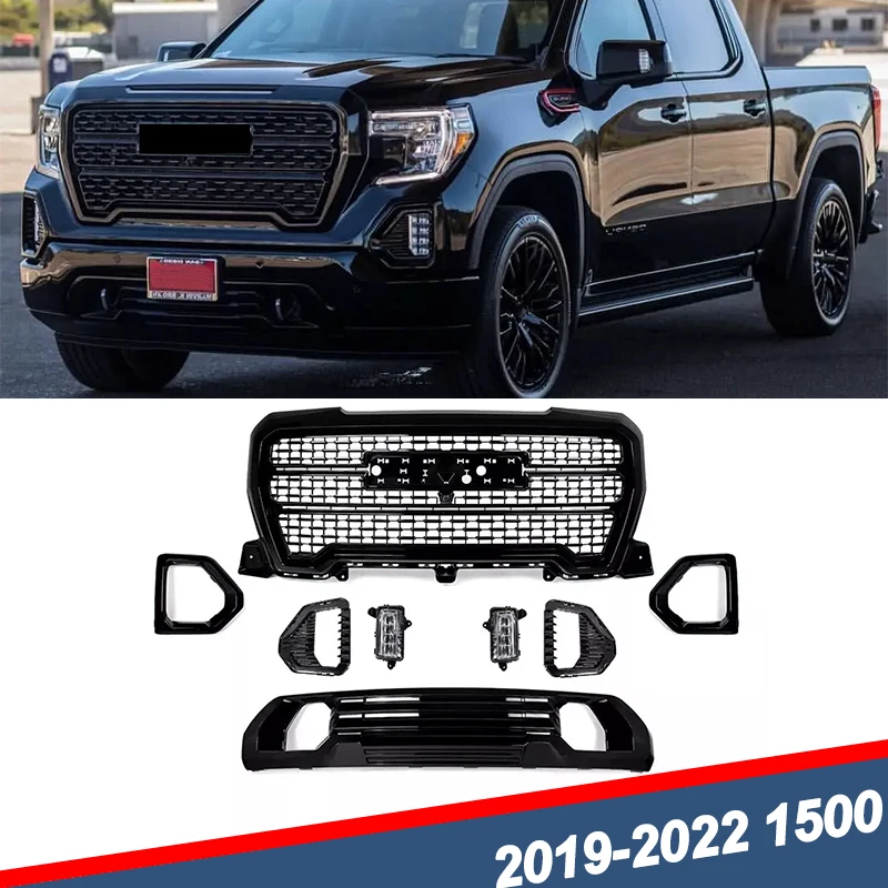 

For 2019-2022 GMC Sierra 1500 Denali Front Bumper Grille+Lower Bumper Plate+Fog Light Bezel+Led Fog Light Modified Assembly 8pcs