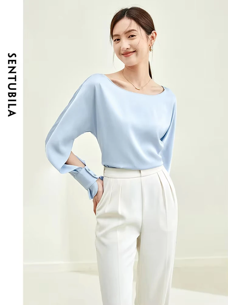 SENTUBILA Elegant Tops and Blouses Women 2024 Spring New Fashion Fake Acetate Satin Pullover Cut Out Long Sleeve Top M33C50233