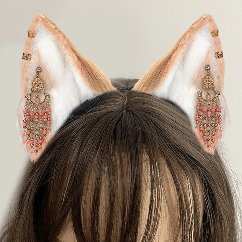 Cartoon Foxes Wolf Ear Shape Hair Hoop with Alloy Earring Decor Hair Holder Cosplay Party Headwear for Teenagers Adult