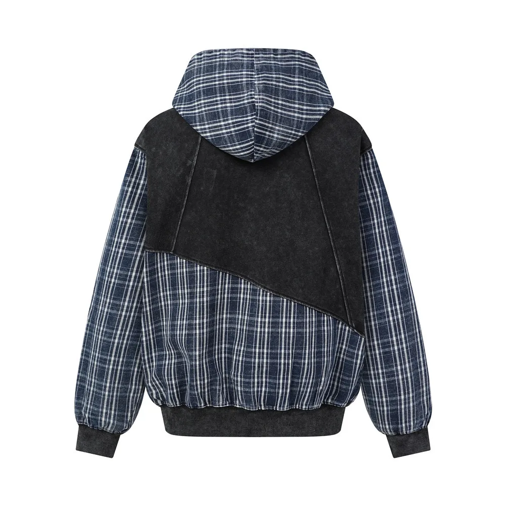 MWJLPWQ Washed Distressed Hooded Sweatshirt Male Plaid Patchwork Deconstructed Design Loose-Fit Tops For Men Spring Autumn 20840