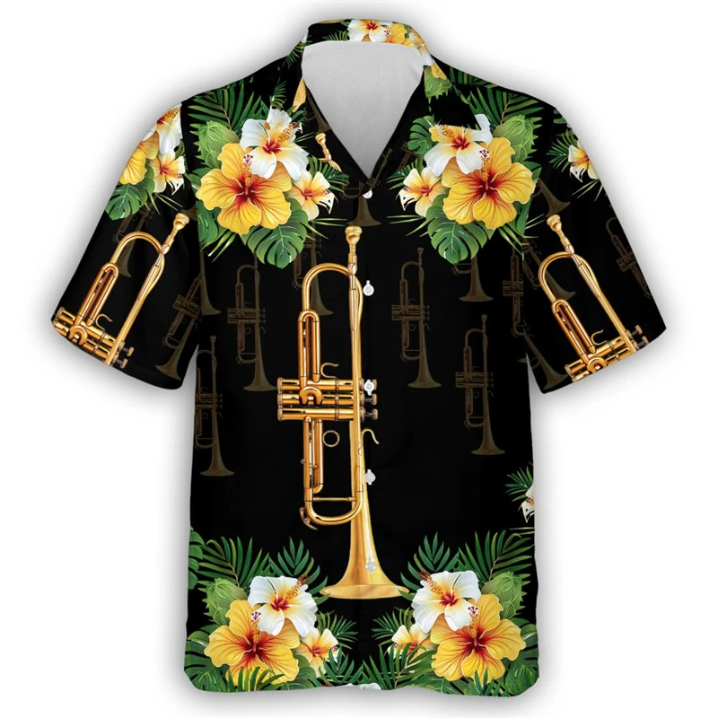 Guitar Trumpet Graphics Hawaiian Shirts For Men 3D Printed Musical Instrument Unisex Short Sleeve Button Blouse Lapel Shirt Tops