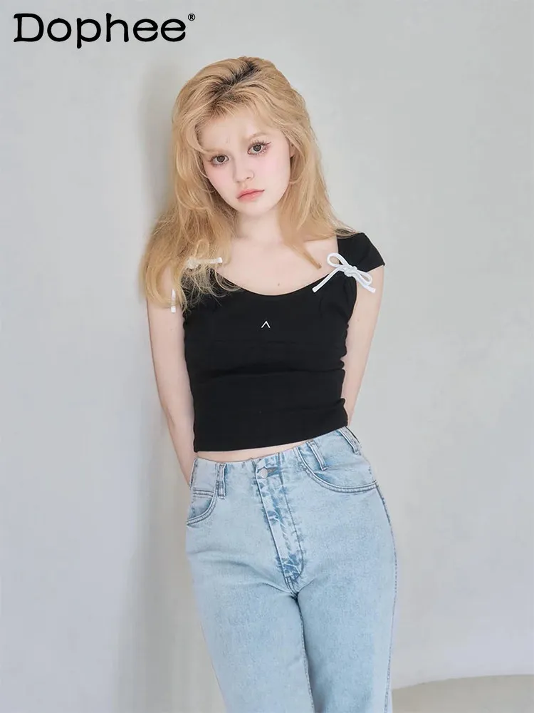 

2026 Summer New Japanese Sweet Lace-up Bow Cotton solid color Top Elastic Sleeveless Short Fashion Commuter Women's Vest
