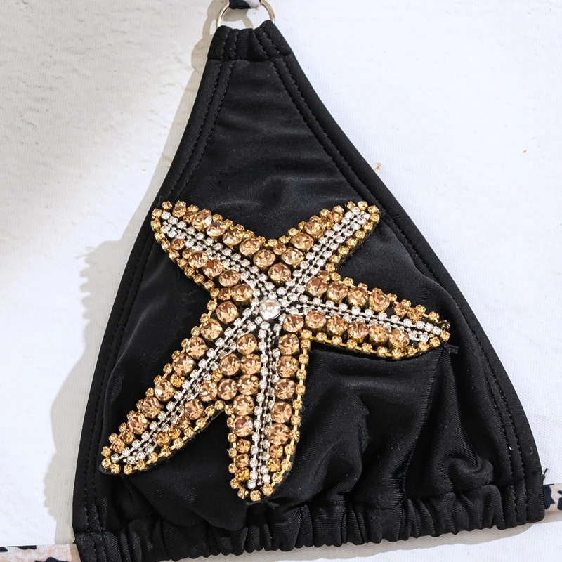 Conjunto de biquinis feminino maiôs lantejoulas glitter estrela do mar padrão decoração rendas-up halter sutiã topos com tanga 2 peças biquíni maiô