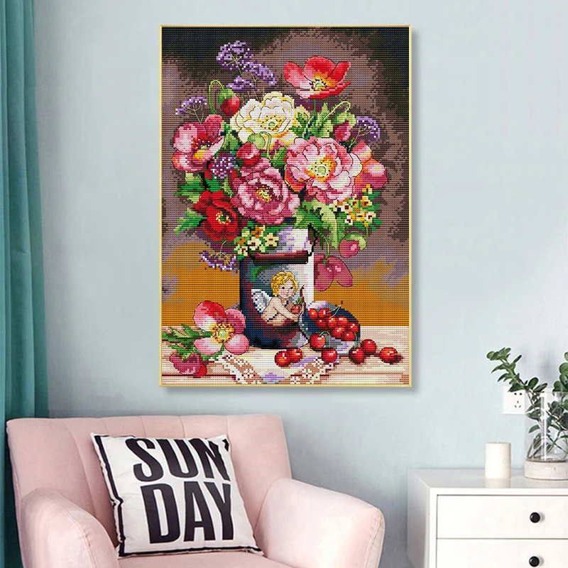 Cupid's Flower DIY Handmade Cross Stitch Floral pattern Needlework Aida 11CT 14CT Canvas Printed Fabric Kit Home Decoration Gift