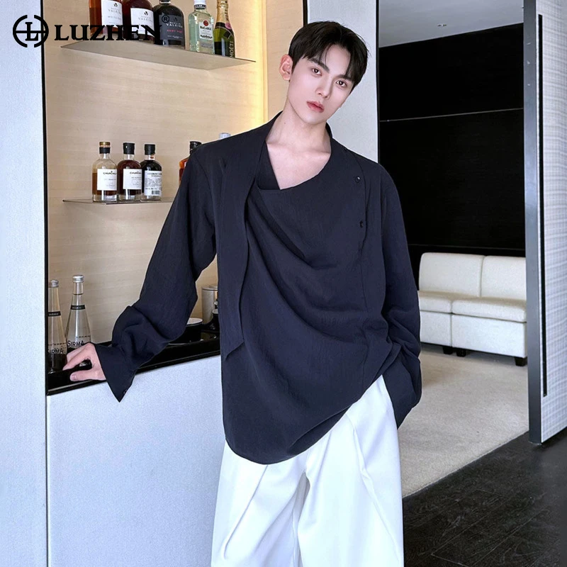 

LUZHEN 2026 Spring High Quality Linen Ribbon Decorate Long Sleeve Shirts Men's Fashion Elegant Solid Color Pullover Tops JY6237