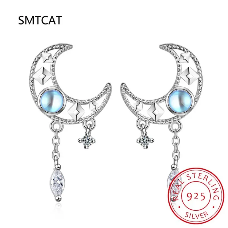 

Real 925 Sterling Silver Moonstone Zircon Moon Tassel Stud Earrings for Women Classic Fine Jewelry Ear Hole Care Accessories