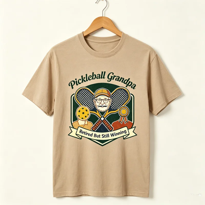 Pickleball Grandpa Retired But Still Winning Vintage Badge Graphic T Shirt Unisex Men Cotton Short Sleeve Tee Casual