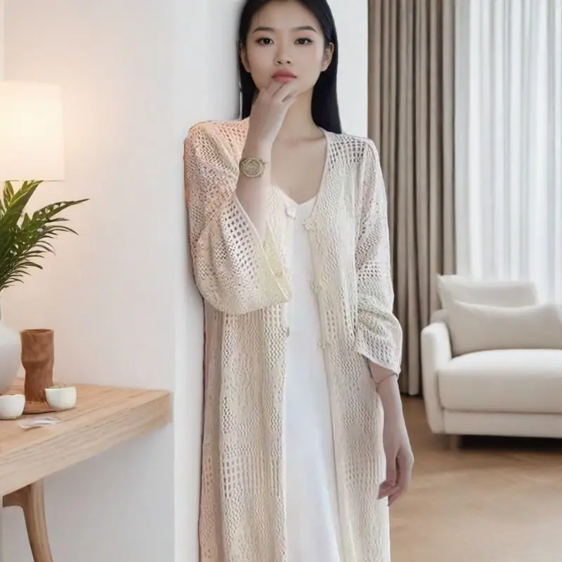 

Модный кардиган в китайском стиле с вышивкой и ажурным цветочным узором, тонкий, свободный, летний, солнцезащитный, оверсайз, вязаный свитер