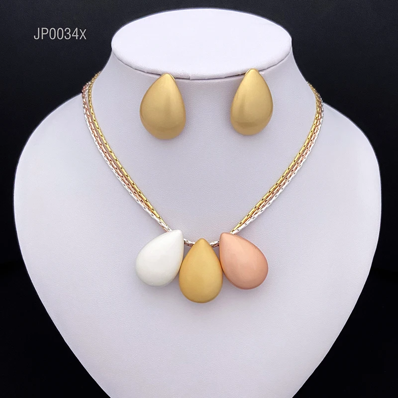 Hot Sale Necklace Earring Set For Women Tricolor Dubai Trending Jewelry Round Bead Earrings