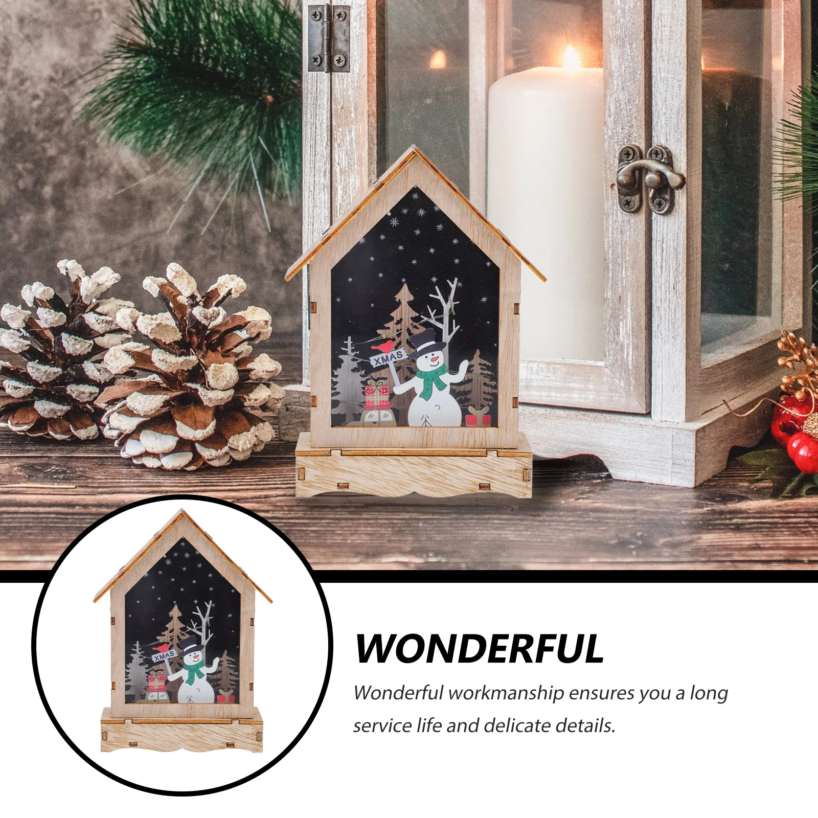 House Decorative Lights Ornament Xmas Adornment Wooden Miniture Decoration Christmas Scene