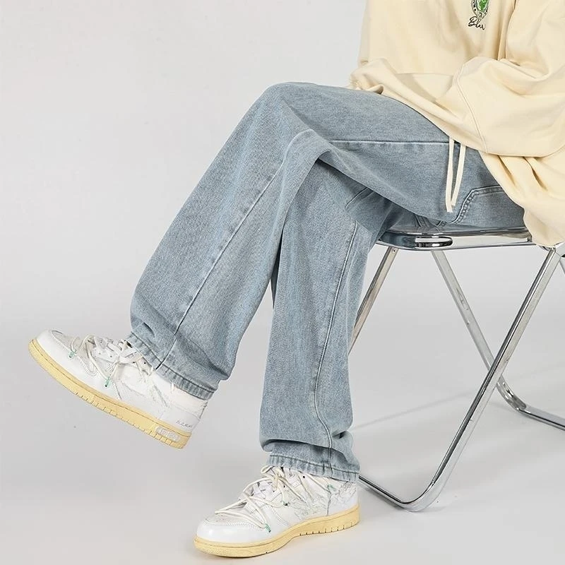 

Washed Men Jeans Casual Basic Solid Color Straight Wide Leg Denim Jean Pants Baggy Hip Hop Male Trousers High Street