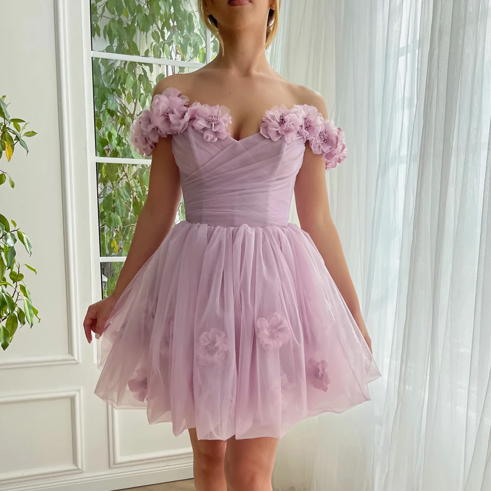 

Sweety Lavender Prom Dresses Off the Shoulder A-Line Evening Gowns Sweetheart Neck Party Dress Above Knee Length فساتين السهرة