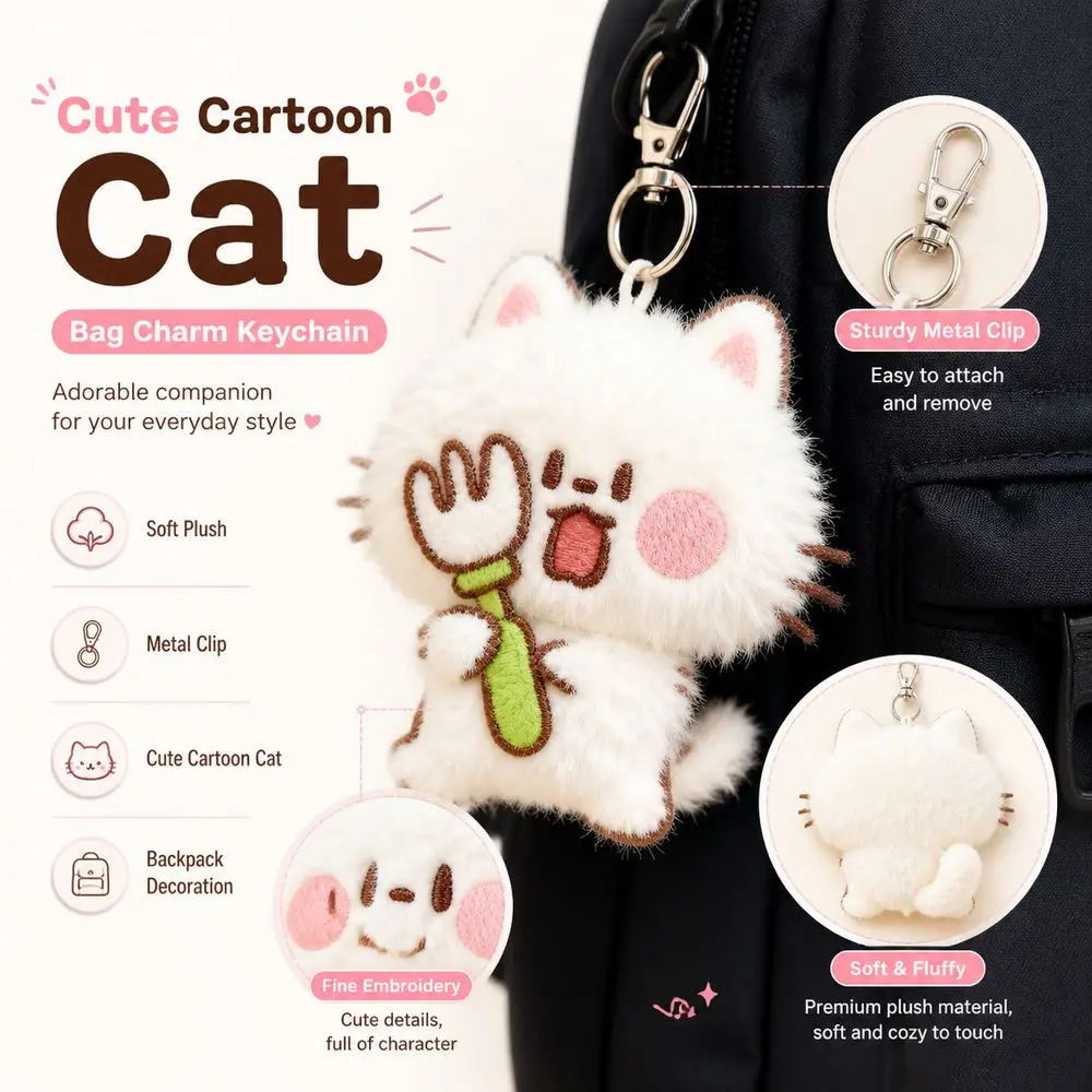 Fashion Soft Touch Plush Cat Keychain Cartoon Cat Metal Clip Stuffed Cat Pendant Hanging Kitty Keyring Key Decoration