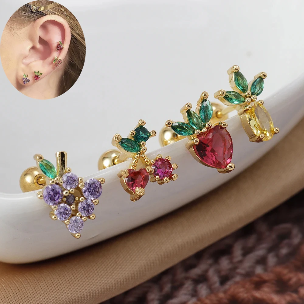 1PC Kryształowe kolczyki ze stali nierdzewnej dla kobiet Małe urocze wiśniowe winogrona Tragus Helix Chrząstka Piercing Biżuteria