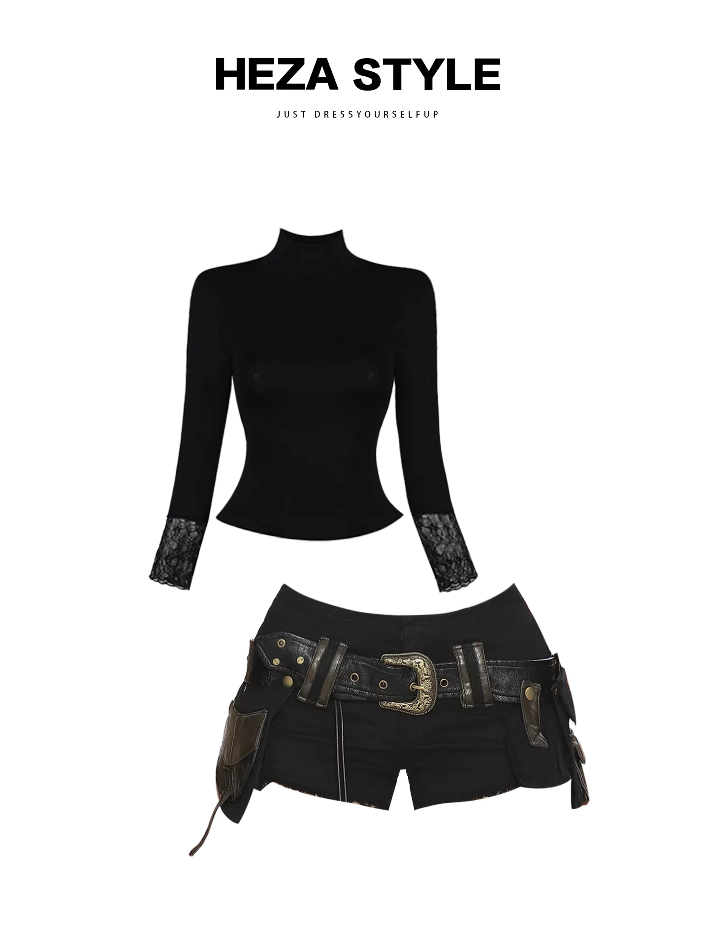 

HEZA Lace Splicing Slim Fit Women's Top And orts Set with kets Hollow out Design Spring Faion plus Size Casual Wear