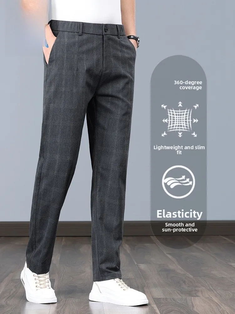 

Jeanswest Men's Busin Casual Plaid Pants Straight Leg Elastic Waist Summer New Sle Simple Design Formal Trousers